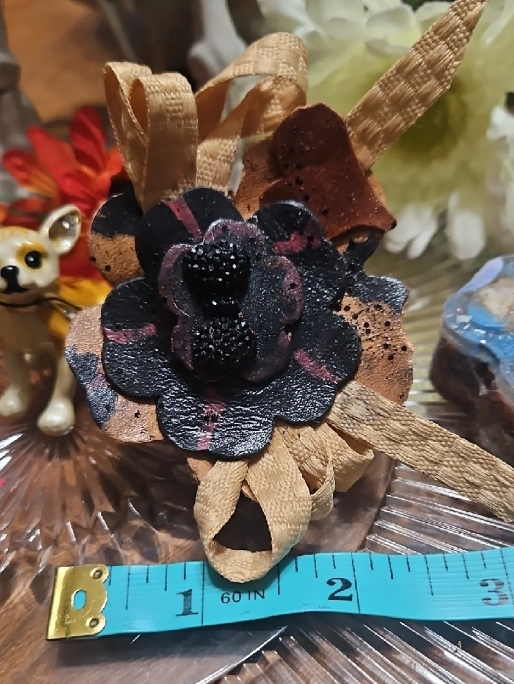 Hand Crafted Genuine Leather Floral Dog Bow Charm NEW